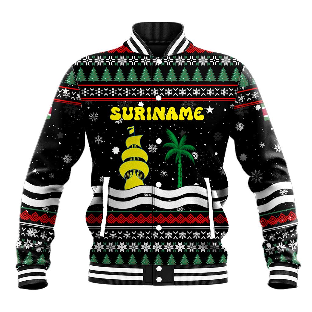 Suriname Christmas Baseball Jacket with Black Festive Pattern, Golden Ship, Palm Tree, and Coat of Arms Motif - Wonder Print Shop