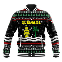 Suriname Christmas Baseball Jacket with Black Festive Pattern, Golden Ship, Palm Tree, and Coat of Arms Motif - Wonder Print Shop