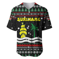 Suriname Christmas Baseball Jersey with Black Festive Pattern, Golden Ship, Palm Tree, and Coat of Arms Motif - Wonder Print Shop
