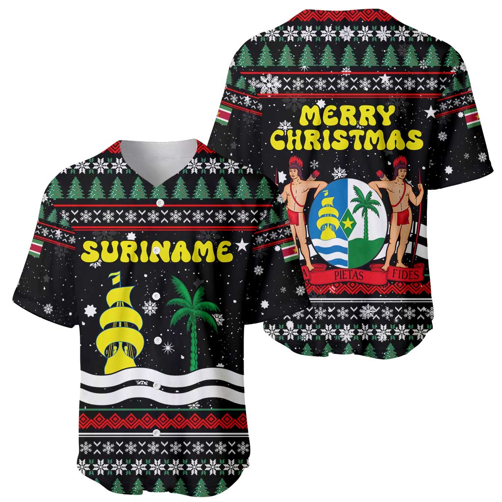 Suriname Christmas Baseball Jersey with Black Festive Pattern, Golden Ship, Palm Tree, and Coat of Arms Motif - Wonder Print Shop