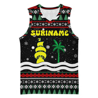 Suriname Christmas Basketball Jersey with Black Festive Pattern, Golden Ship, Palm Tree, and Coat of Arms Motif - Wonder Print Shop