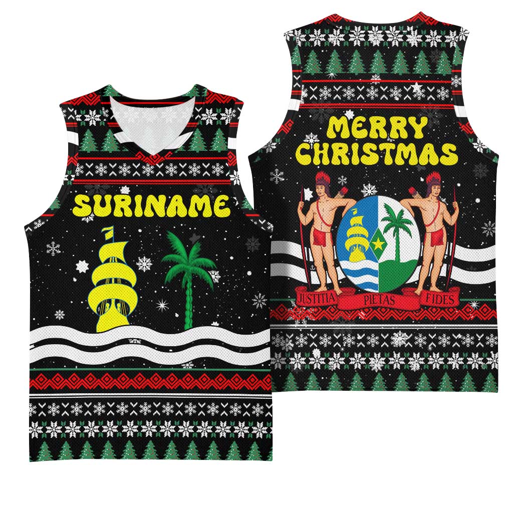 Suriname Christmas Basketball Jersey with Black Festive Pattern, Golden Ship, Palm Tree, and Coat of Arms Motif - Wonder Print Shop