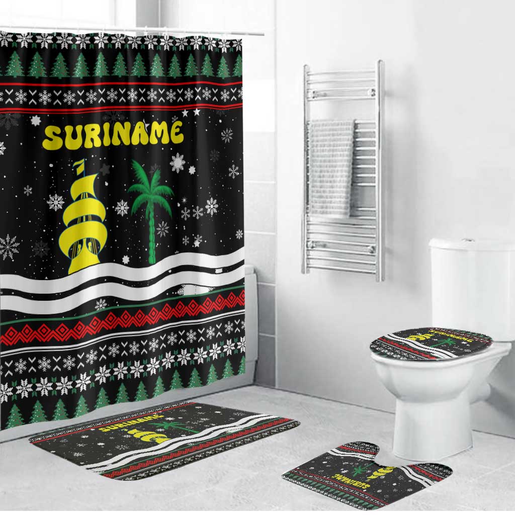 Suriname Christmas Bathroom Set with Black Festive Pattern, Golden Ship, Palm Tree, and Coat of Arms Motif - Wonder Print Shop