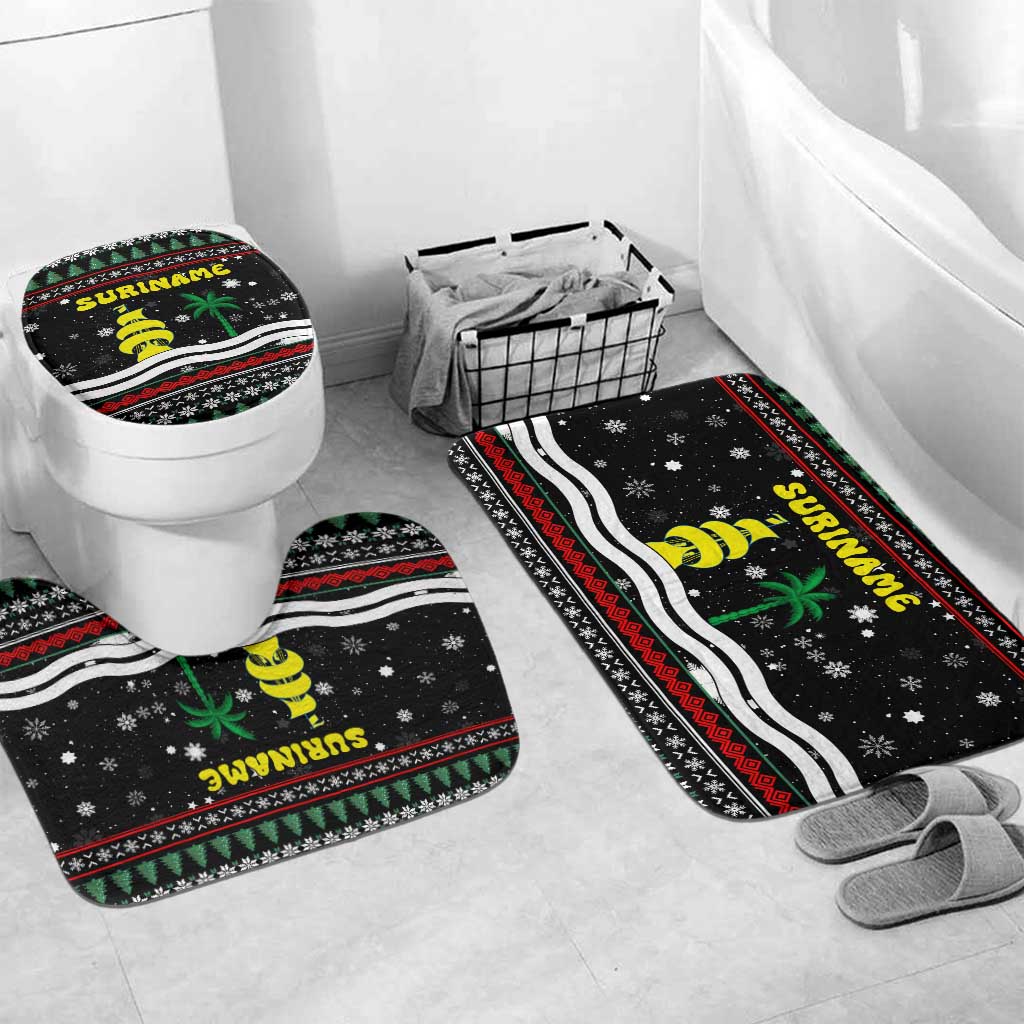 Suriname Christmas Bathroom Set with Black Festive Pattern, Golden Ship, Palm Tree, and Coat of Arms Motif - Wonder Print Shop