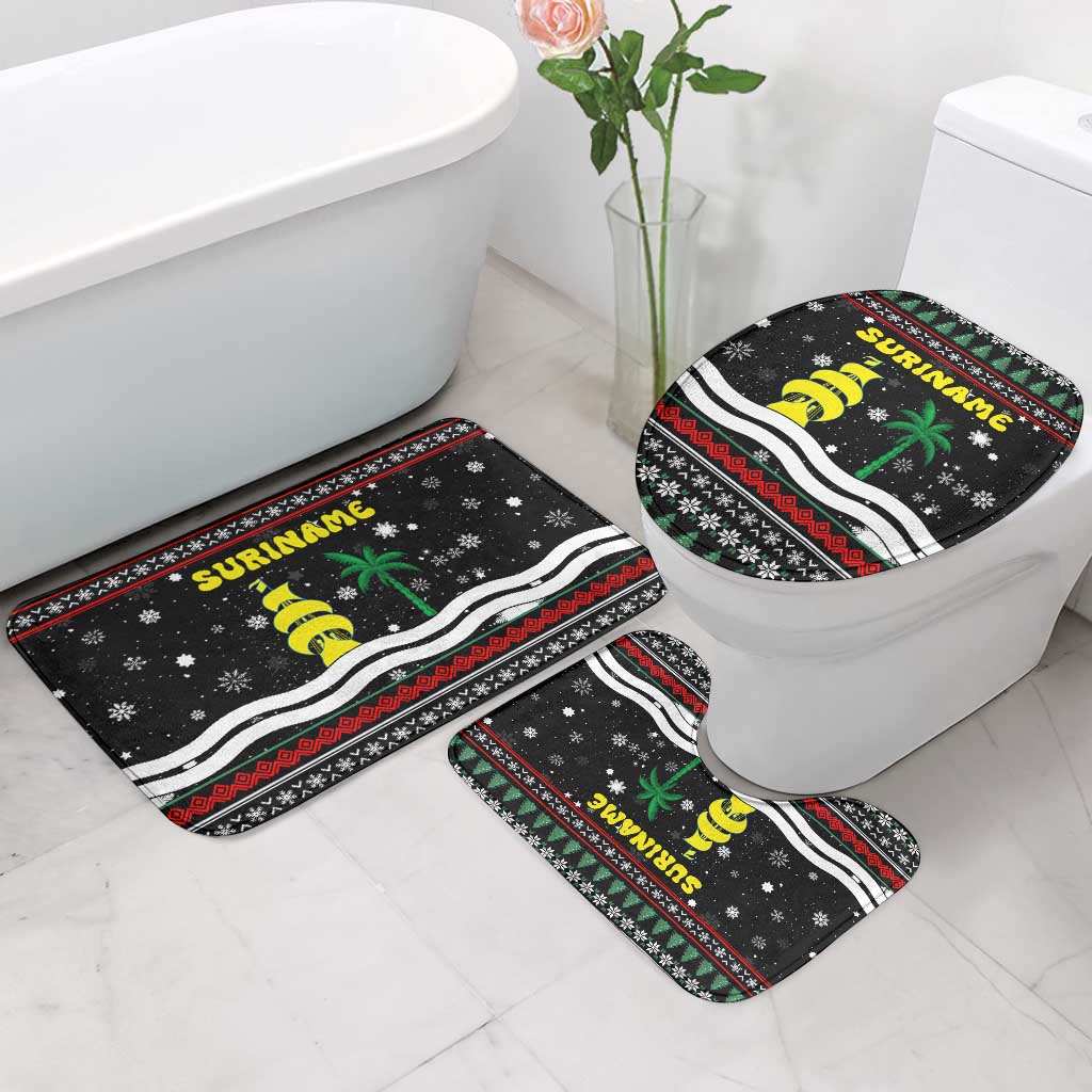 Suriname Christmas Bathroom Set with Black Festive Pattern, Golden Ship, Palm Tree, and Coat of Arms Motif - Wonder Print Shop