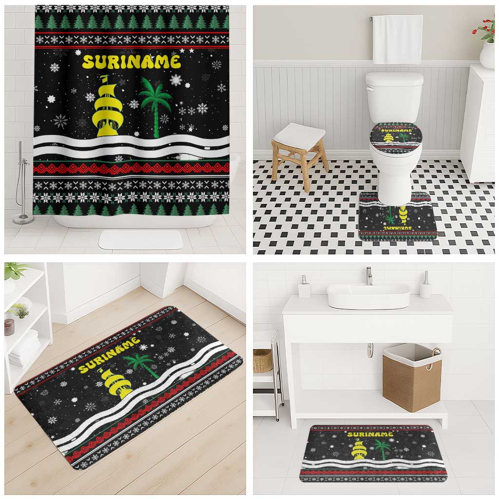 Suriname Christmas Bathroom Set with Black Festive Pattern, Golden Ship, Palm Tree, and Coat of Arms Motif - Wonder Print Shop