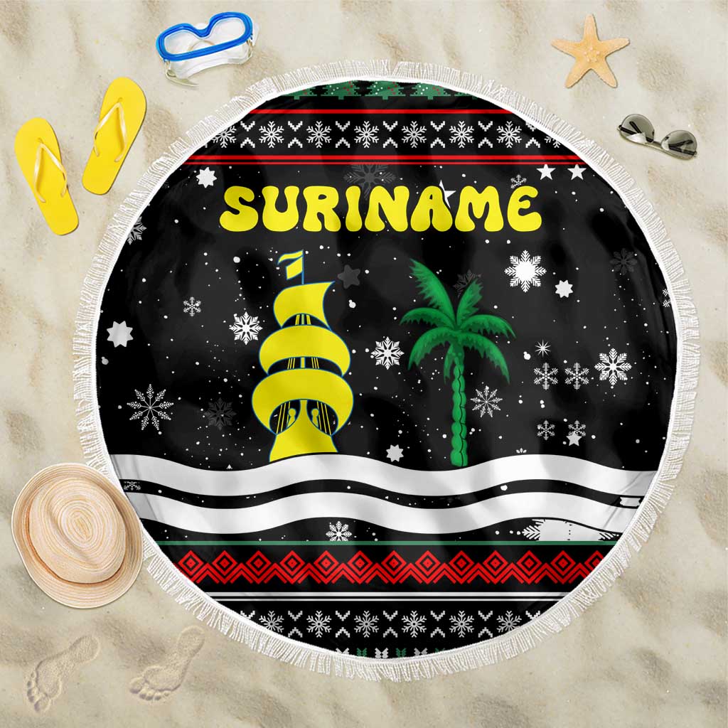 Suriname Christmas Beach Blanket with Black Festive Pattern, Golden Ship, Palm Tree, and Coat of Arms Motif - Wonder Print Shop