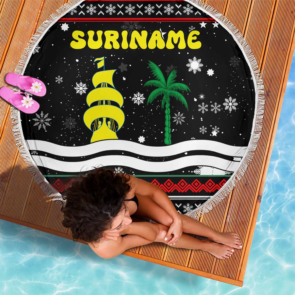 Suriname Christmas Beach Blanket with Black Festive Pattern, Golden Ship, Palm Tree, and Coat of Arms Motif - Wonder Print Shop