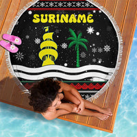 Suriname Christmas Beach Blanket with Black Festive Pattern, Golden Ship, Palm Tree, and Coat of Arms Motif - Wonder Print Shop