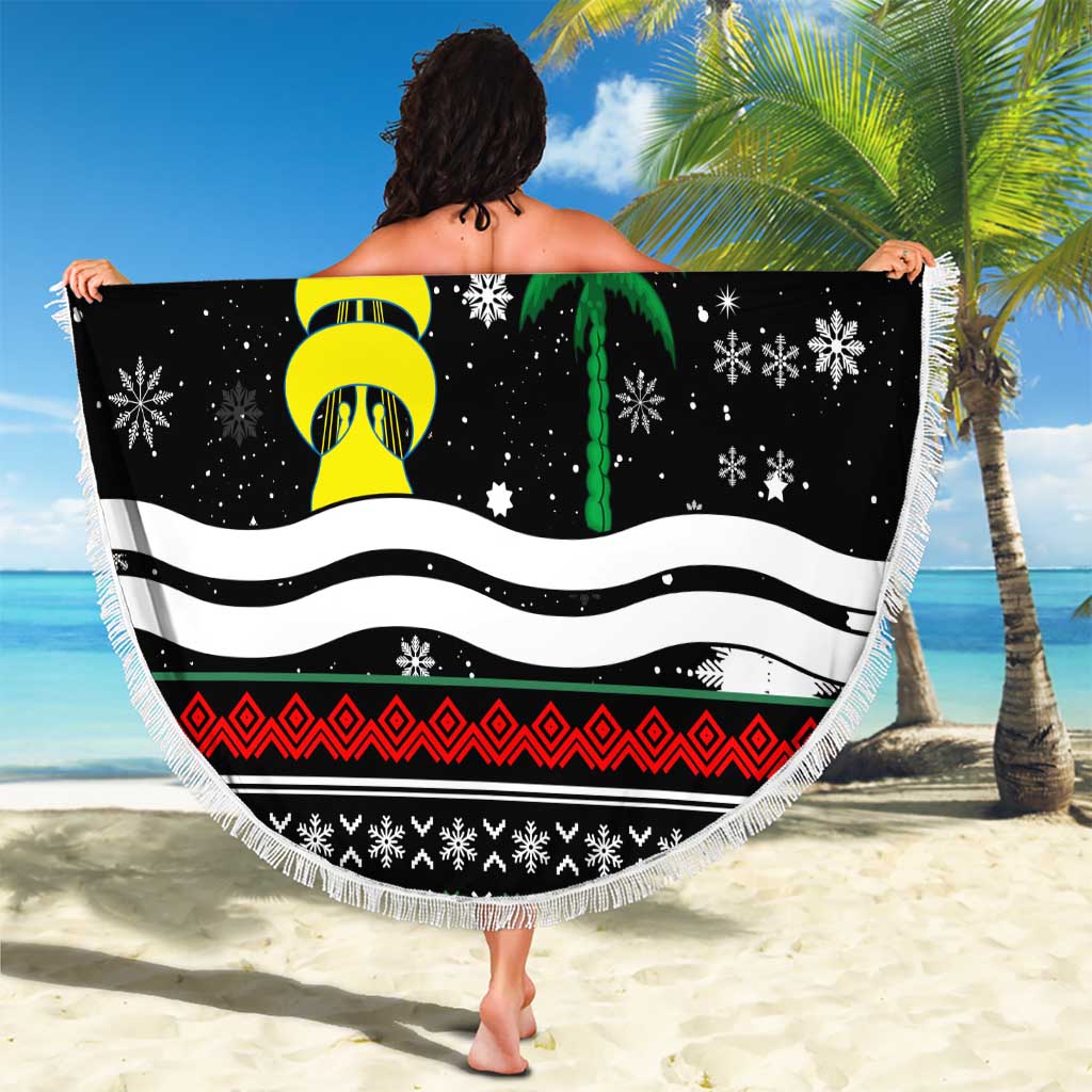 Suriname Christmas Beach Blanket with Black Festive Pattern, Golden Ship, Palm Tree, and Coat of Arms Motif - Wonder Print Shop