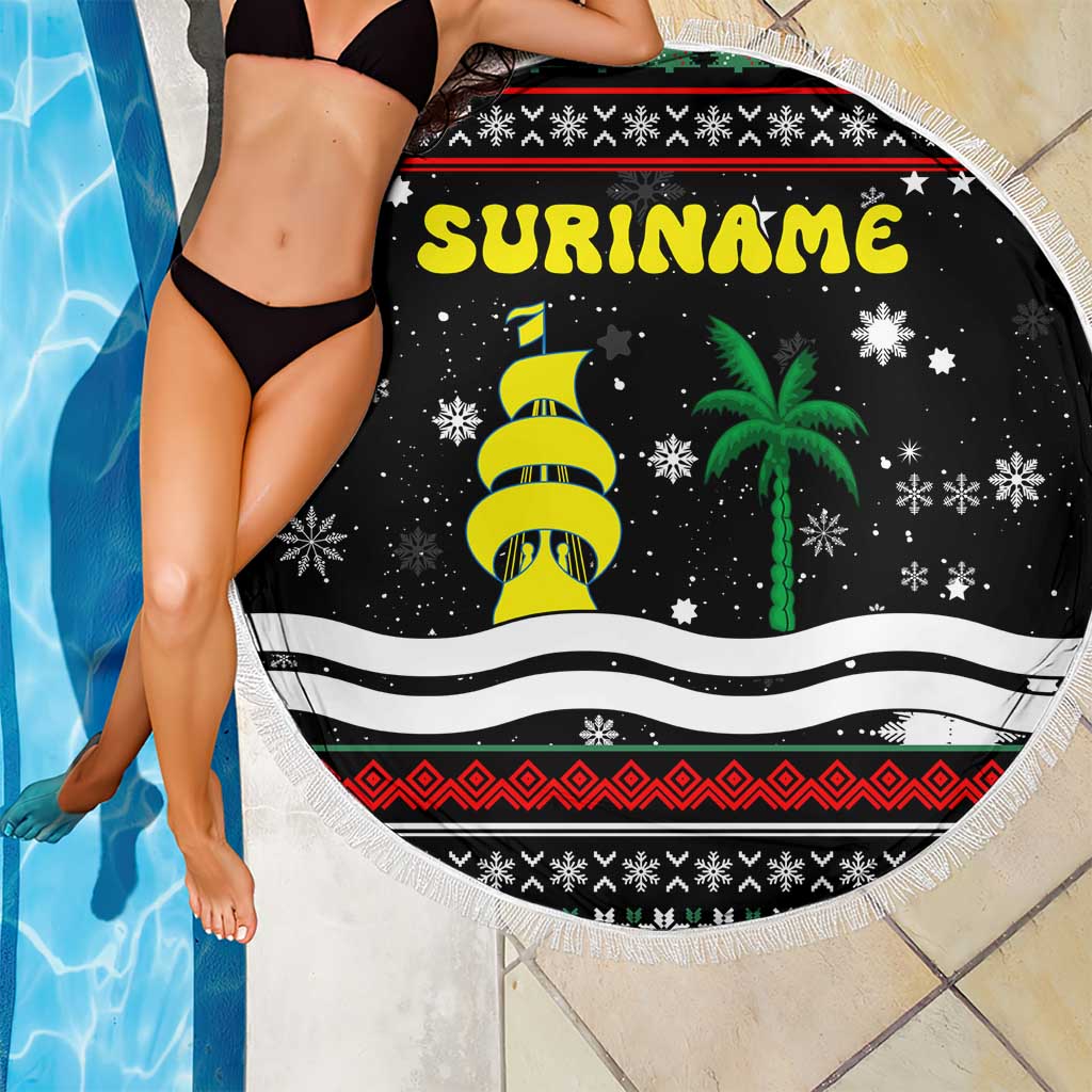 Suriname Christmas Beach Blanket with Black Festive Pattern, Golden Ship, Palm Tree, and Coat of Arms Motif - Wonder Print Shop