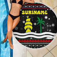 Suriname Christmas Beach Blanket with Black Festive Pattern, Golden Ship, Palm Tree, and Coat of Arms Motif - Wonder Print Shop