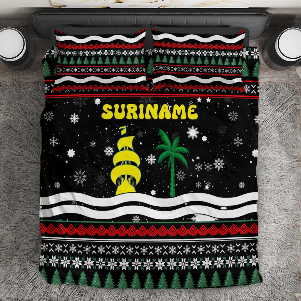 Suriname Christmas Bedding Set with Black Festive Pattern, Golden Ship, Palm Tree, and Coat of Arms Motif - Wonder Print Shop