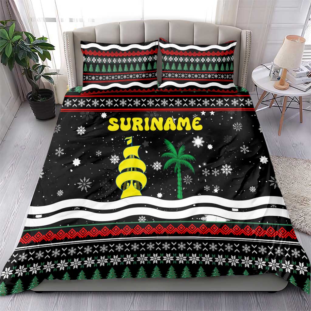 Suriname Christmas Bedding Set with Black Festive Pattern, Golden Ship, Palm Tree, and Coat of Arms Motif - Wonder Print Shop