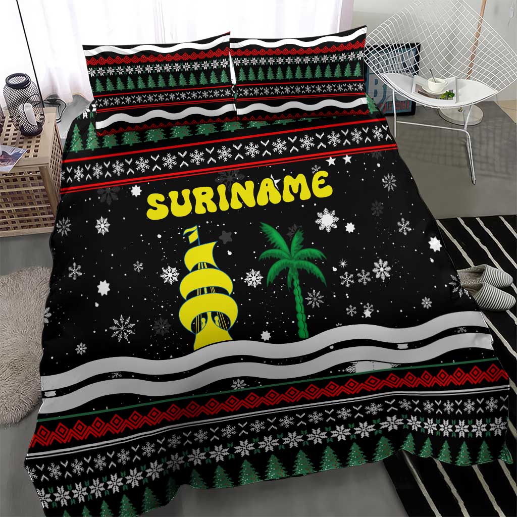 Suriname Christmas Bedding Set with Black Festive Pattern, Golden Ship, Palm Tree, and Coat of Arms Motif - Wonder Print Shop