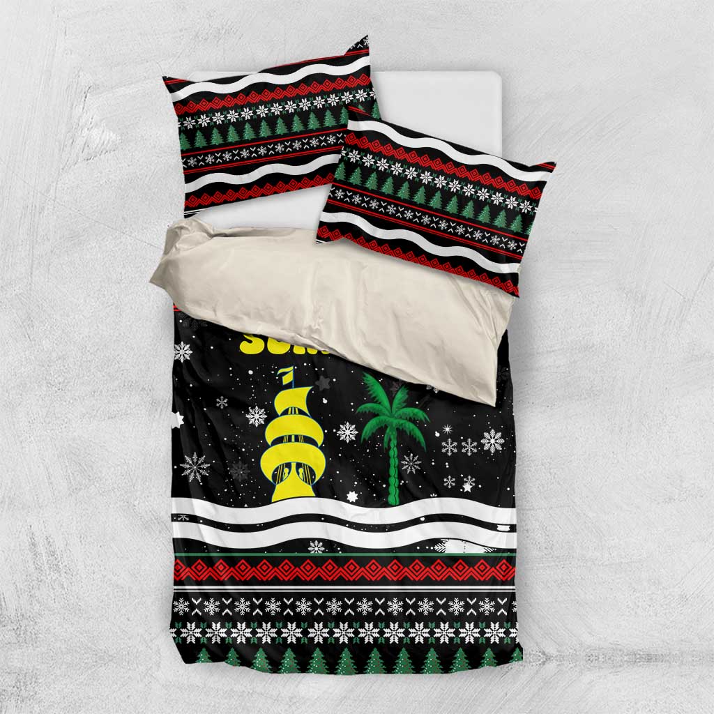 Suriname Christmas Bedding Set with Black Festive Pattern, Golden Ship, Palm Tree, and Coat of Arms Motif - Wonder Print Shop