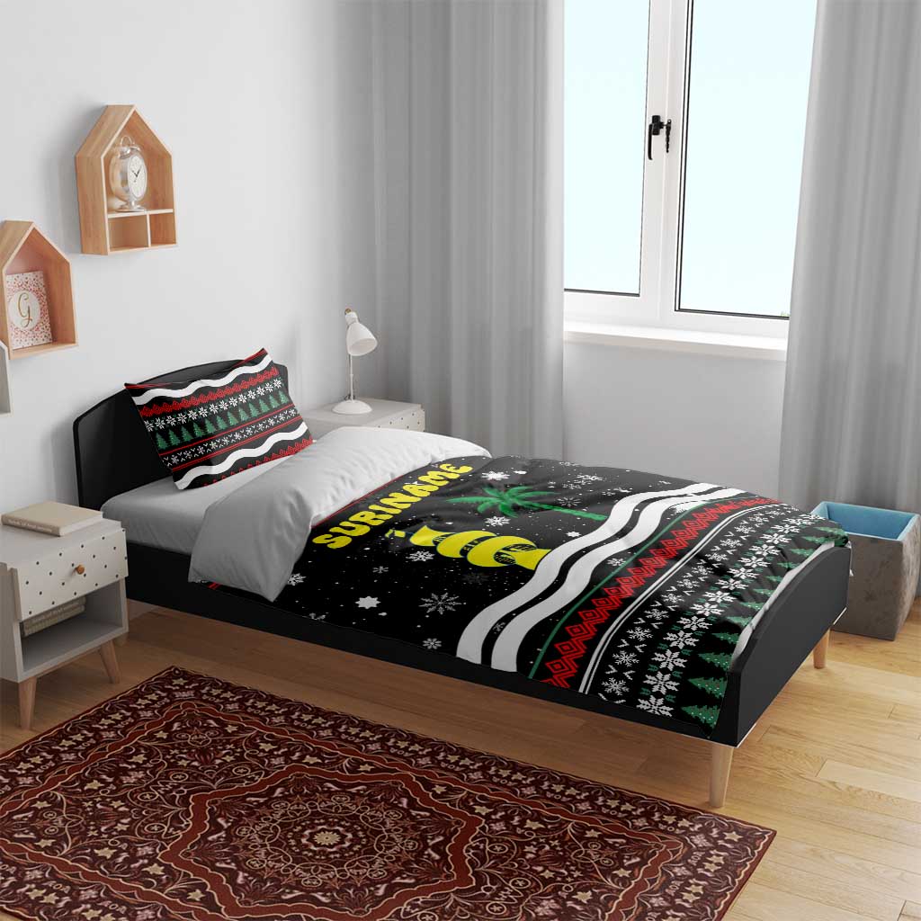 Suriname Christmas Bedding Set with Black Festive Pattern, Golden Ship, Palm Tree, and Coat of Arms Motif - Wonder Print Shop