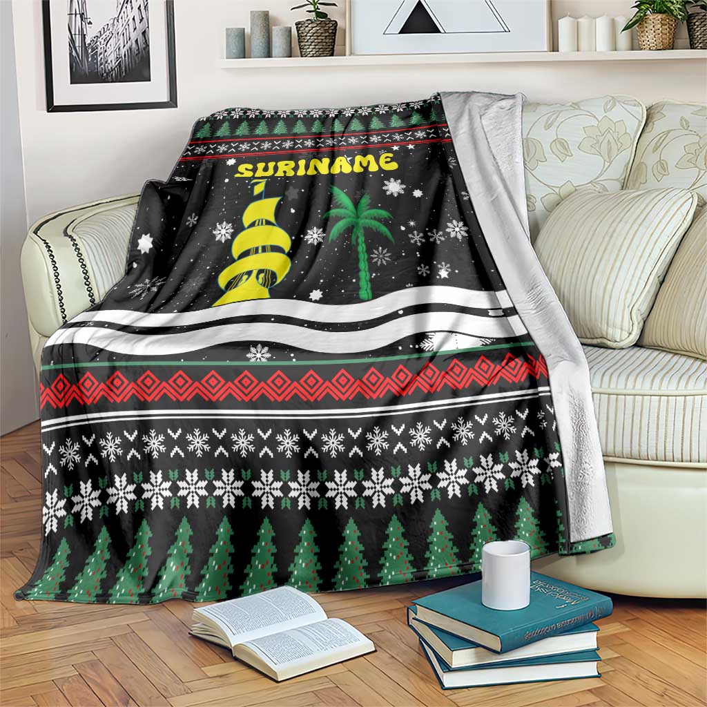 Suriname Christmas Blanket with Black Festive Pattern, Golden Ship, Palm Tree, and Coat of Arms Motif - Wonder Print Shop