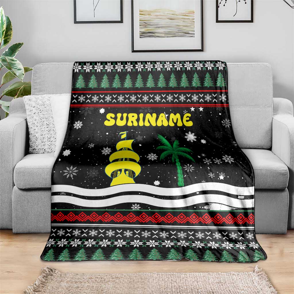 Suriname Christmas Blanket with Black Festive Pattern, Golden Ship, Palm Tree, and Coat of Arms Motif - Wonder Print Shop
