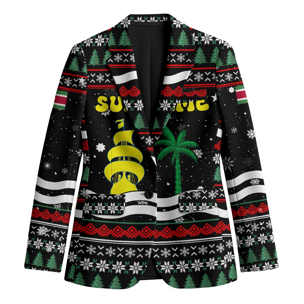 Suriname Christmas Blazer with Black Festive Pattern, Golden Ship, Palm Tree, and Coat of Arms Motif - Wonder Print Shop