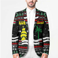 Suriname Christmas Blazer with Black Festive Pattern, Golden Ship, Palm Tree, and Coat of Arms Motif - Wonder Print Shop