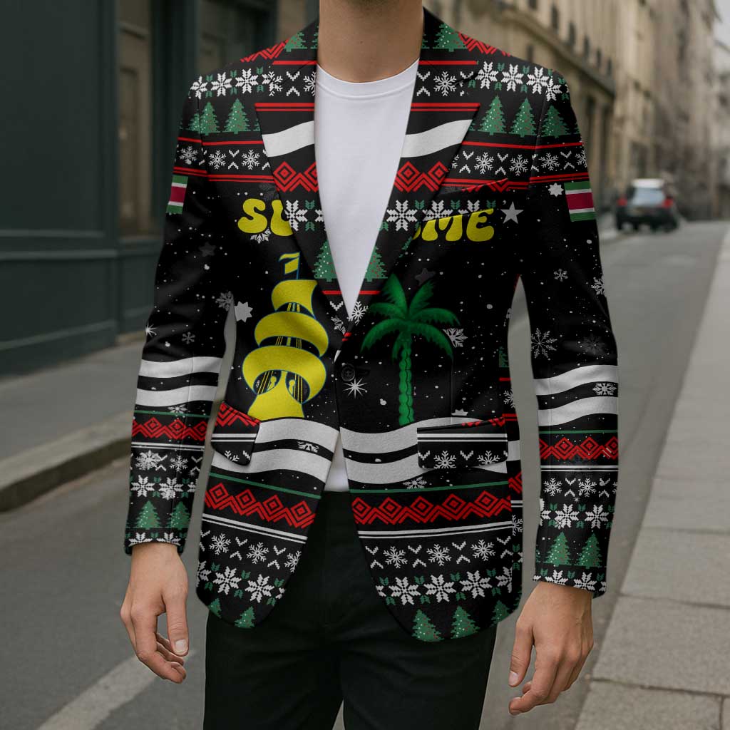 Suriname Christmas Blazer with Black Festive Pattern, Golden Ship, Palm Tree, and Coat of Arms Motif - Wonder Print Shop