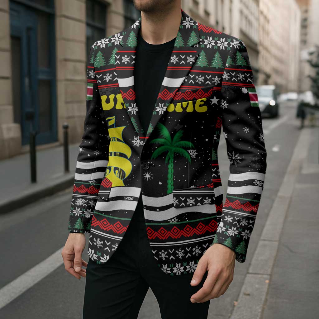 Suriname Christmas Blazer with Black Festive Pattern, Golden Ship, Palm Tree, and Coat of Arms Motif - Wonder Print Shop