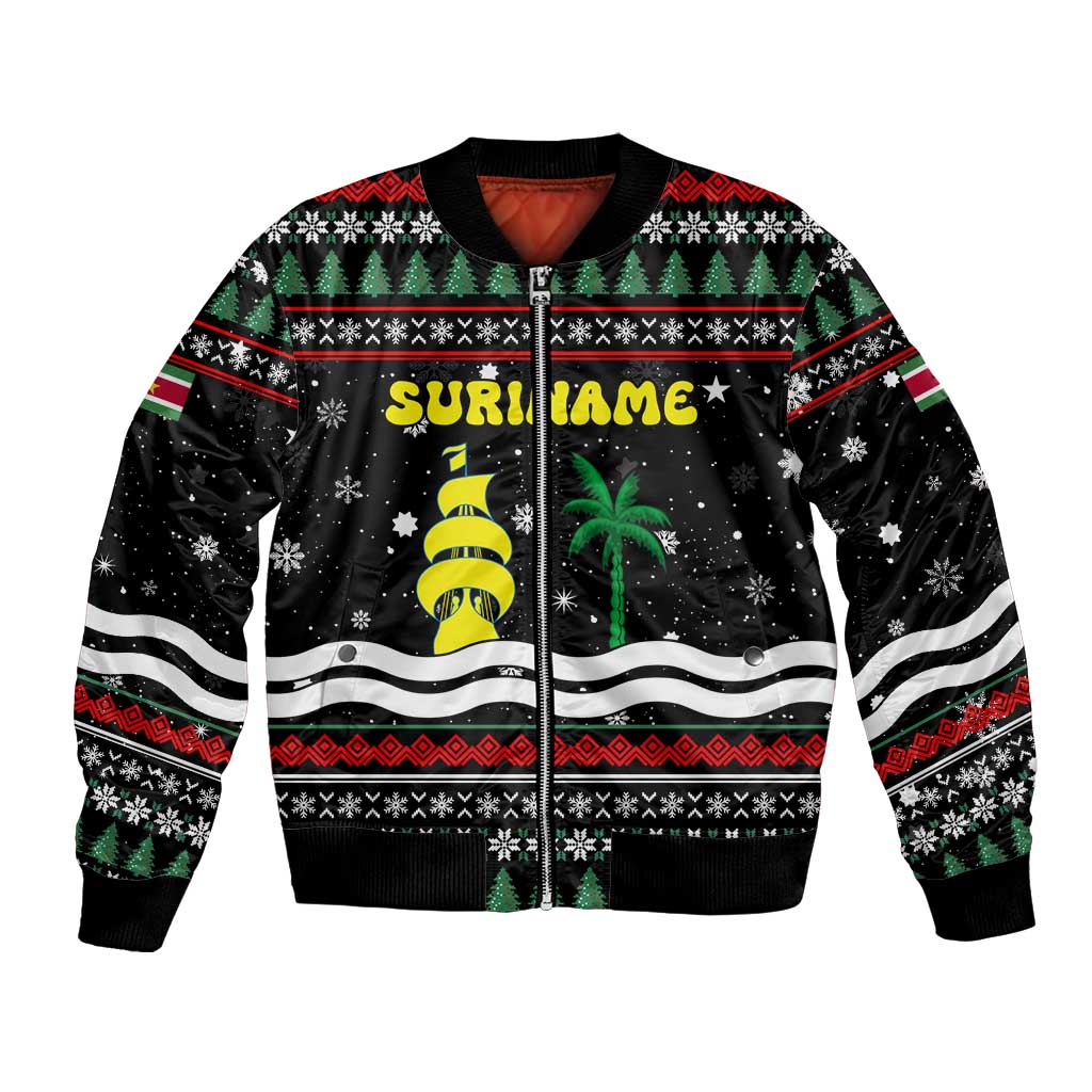 Suriname Christmas Bomber Jacket with Black Festive Pattern, Golden Ship, Palm Tree, and Coat of Arms Motif - Wonder Print Shop