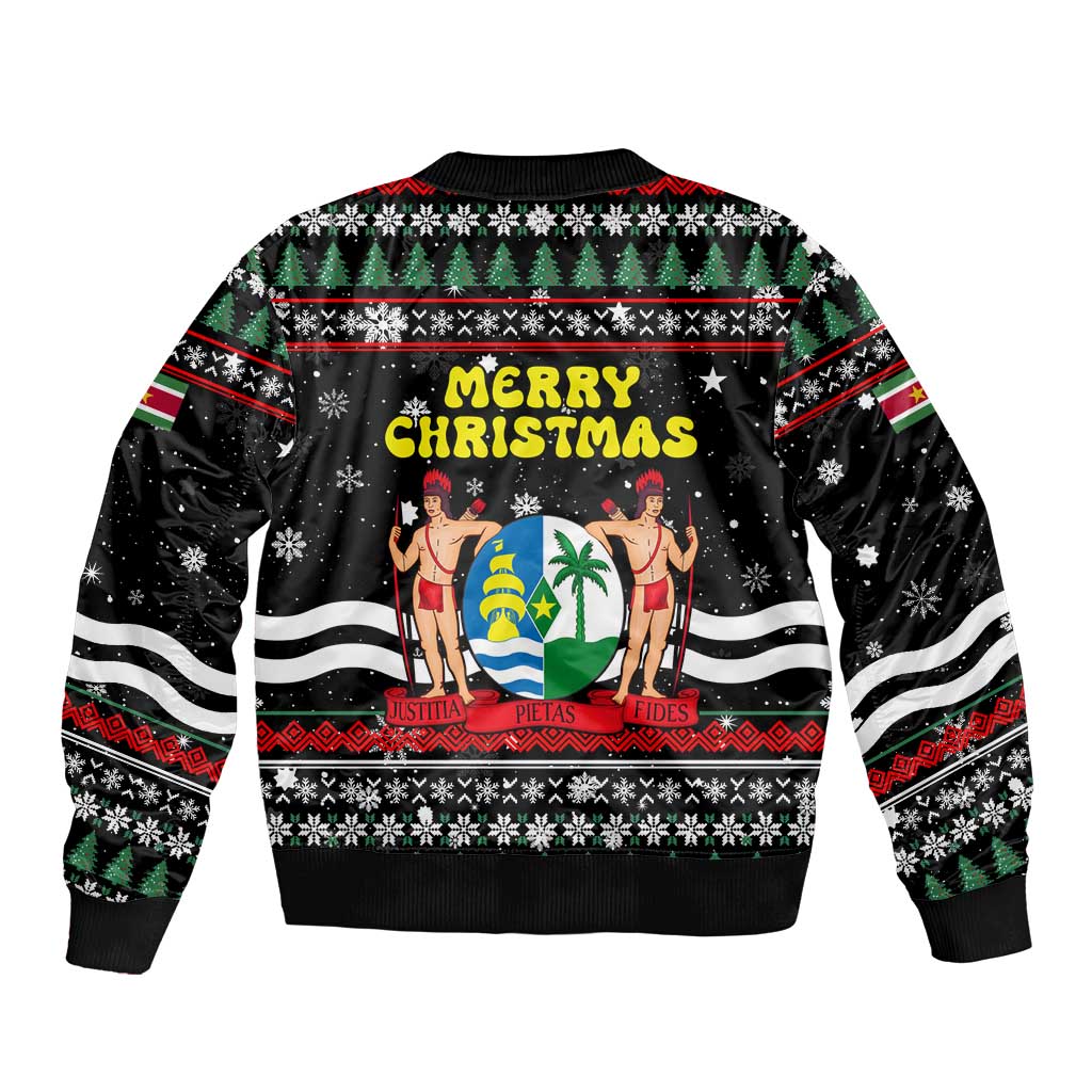 Suriname Christmas Bomber Jacket with Black Festive Pattern, Golden Ship, Palm Tree, and Coat of Arms Motif - Wonder Print Shop
