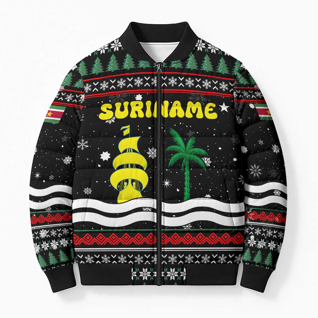 Suriname Christmas Bomber Puffer Jacket with Black Festive Pattern, Golden Ship, Palm Tree, and Coat of Arms Motif - Wonder Print Shop