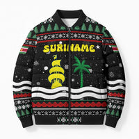 Suriname Christmas Bomber Puffer Jacket with Black Festive Pattern, Golden Ship, Palm Tree, and Coat of Arms Motif - Wonder Print Shop