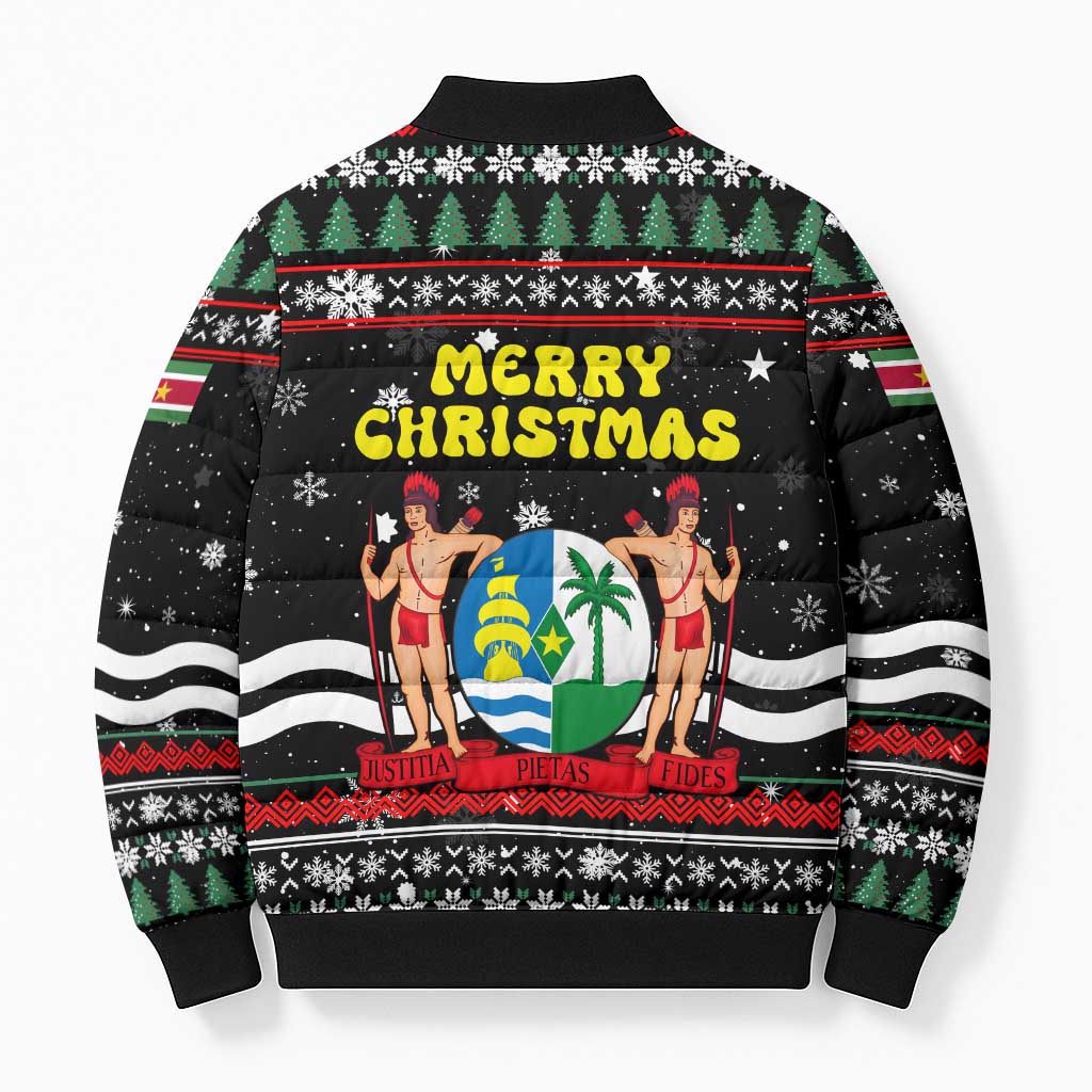 Suriname Christmas Bomber Puffer Jacket with Black Festive Pattern, Golden Ship, Palm Tree, and Coat of Arms Motif - Wonder Print Shop