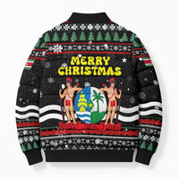 Suriname Christmas Bomber Puffer Jacket with Black Festive Pattern, Golden Ship, Palm Tree, and Coat of Arms Motif - Wonder Print Shop