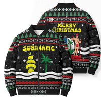 Suriname Christmas Bomber Puffer Jacket with Black Festive Pattern, Golden Ship, Palm Tree, and Coat of Arms Motif - Wonder Print Shop