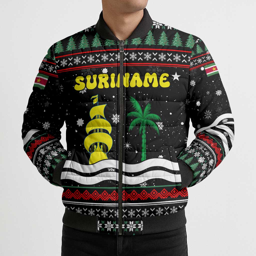 Suriname Christmas Bomber Puffer Jacket with Black Festive Pattern, Golden Ship, Palm Tree, and Coat of Arms Motif - Wonder Print Shop