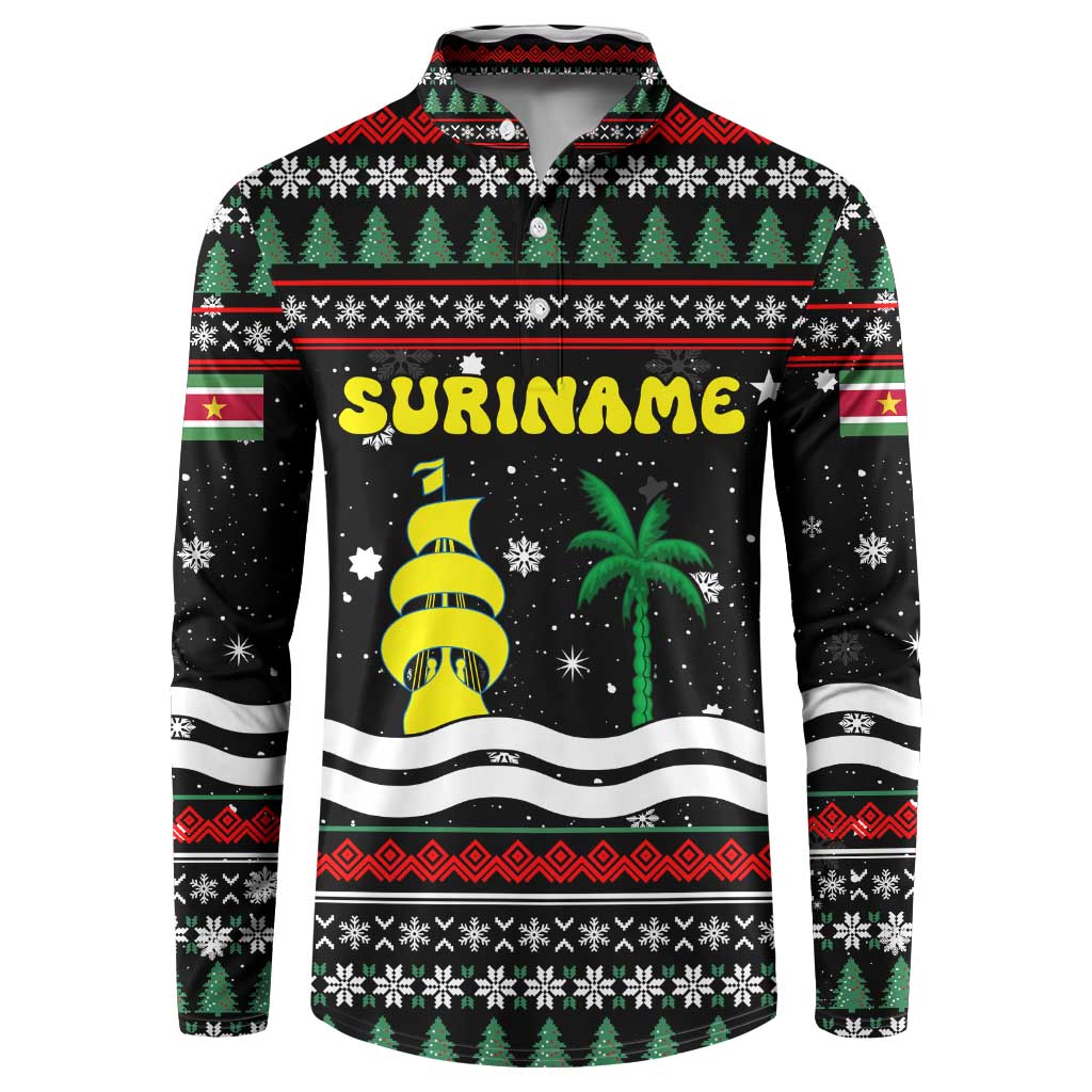 Suriname Christmas Button Sweatshirt with Black Festive Pattern, Golden Ship, Palm Tree, and Coat of Arms Motif - Wonder Print Shop