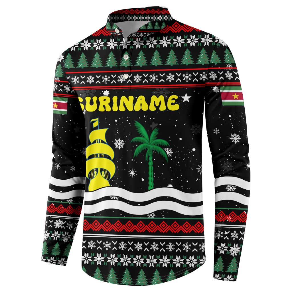 Suriname Christmas Button Sweatshirt with Black Festive Pattern, Golden Ship, Palm Tree, and Coat of Arms Motif - Wonder Print Shop