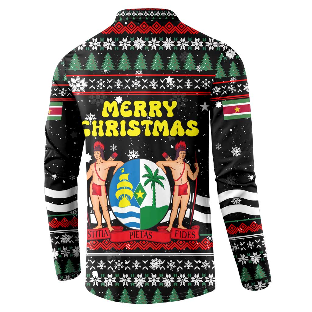 Suriname Christmas Button Sweatshirt with Black Festive Pattern, Golden Ship, Palm Tree, and Coat of Arms Motif - Wonder Print Shop