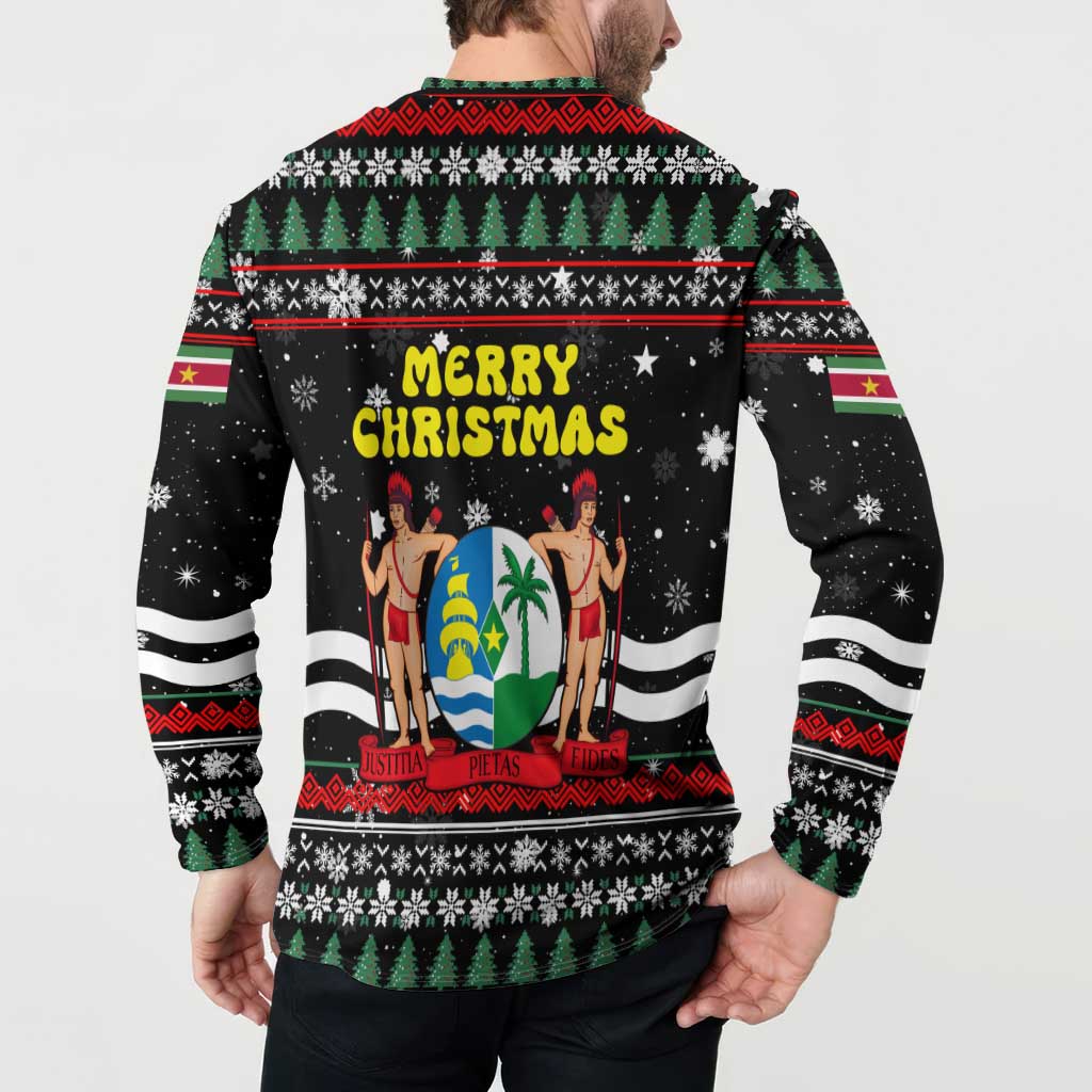 Suriname Christmas Button Sweatshirt with Black Festive Pattern, Golden Ship, Palm Tree, and Coat of Arms Motif - Wonder Print Shop