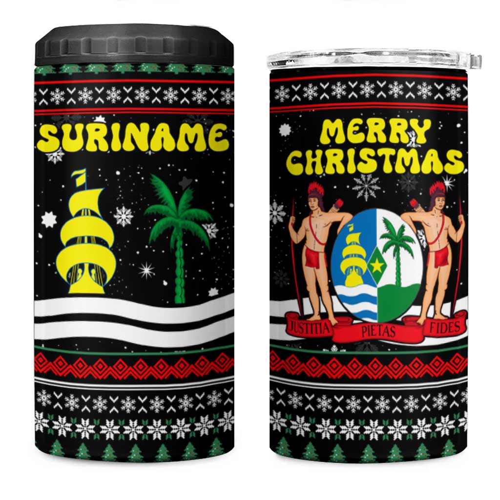 Suriname Christmas 4 in 1 Can Cooler Tumbler with Black Festive Pattern, Golden Ship, Palm Tree, and Coat of Arms Motif - Wonder Print Shop