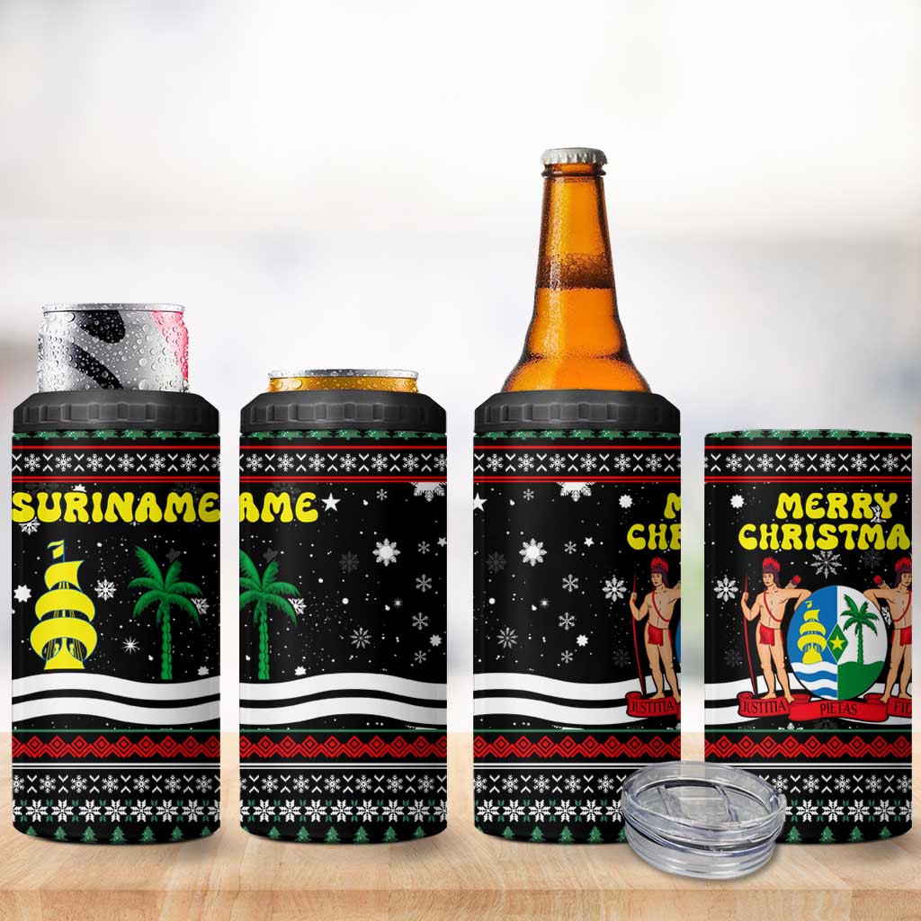 Suriname Christmas 4 in 1 Can Cooler Tumbler with Black Festive Pattern, Golden Ship, Palm Tree, and Coat of Arms Motif - Wonder Print Shop