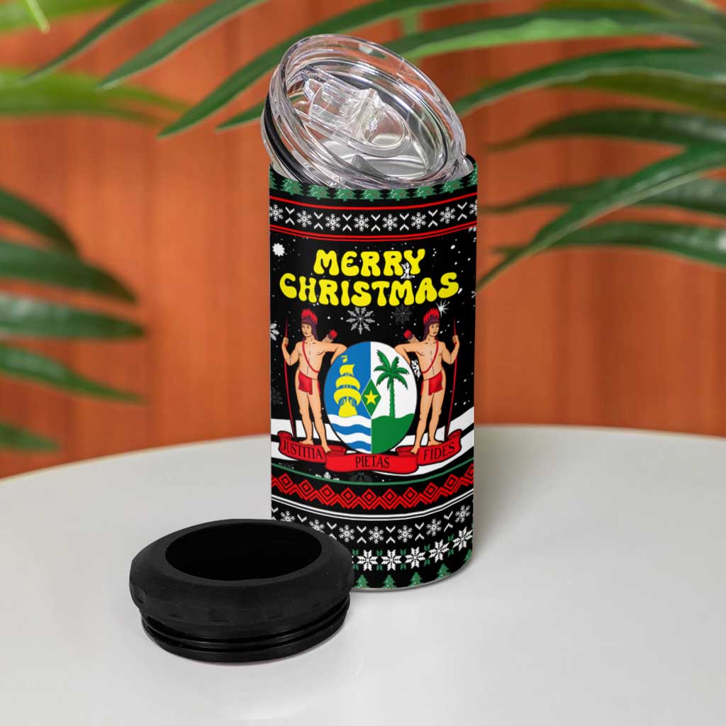 Suriname Christmas 4 in 1 Can Cooler Tumbler with Black Festive Pattern, Golden Ship, Palm Tree, and Coat of Arms Motif - Wonder Print Shop
