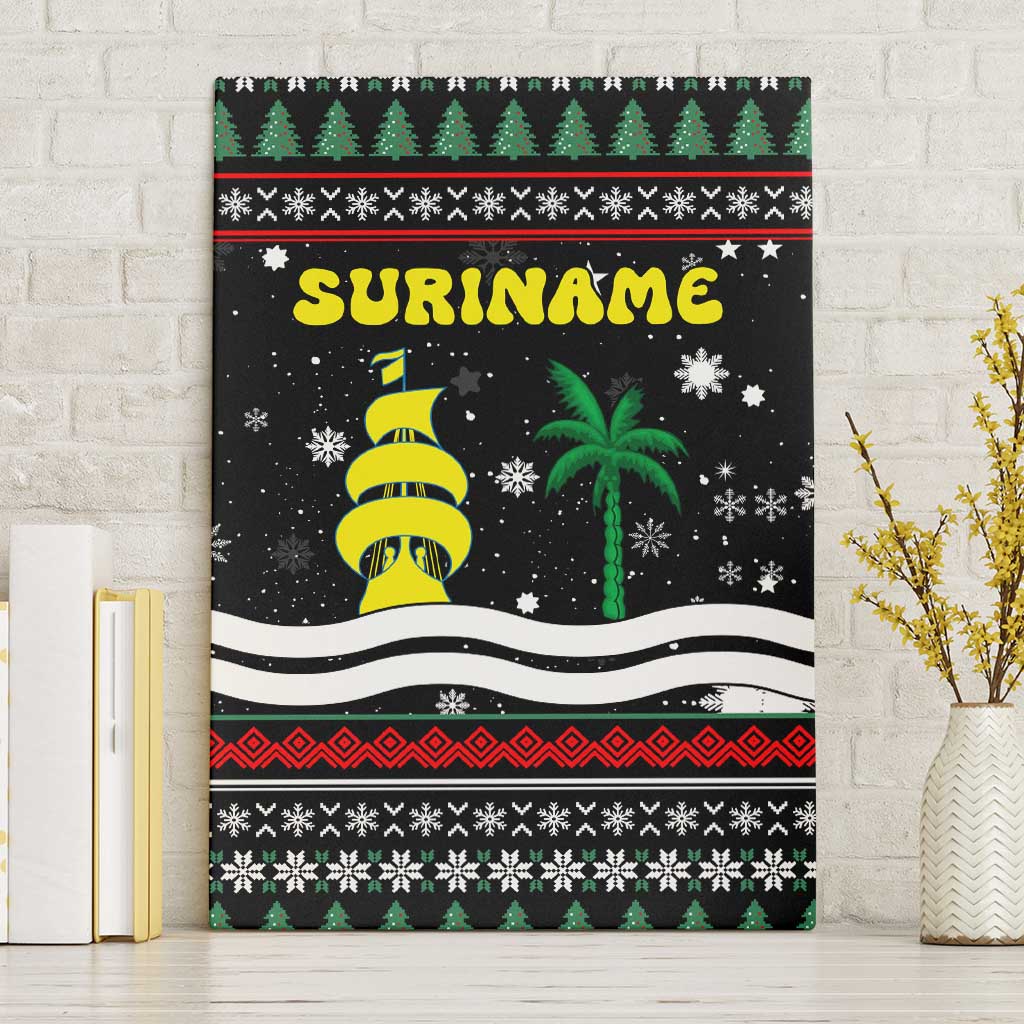 Suriname Christmas Canvas Wall Art with Black Festive Pattern, Golden Ship, Palm Tree, and Coat of Arms Motif - Wonder Print Shop