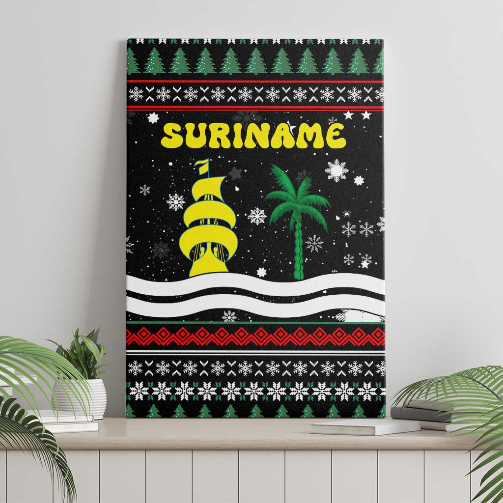 Suriname Christmas Canvas Wall Art with Black Festive Pattern, Golden Ship, Palm Tree, and Coat of Arms Motif - Wonder Print Shop