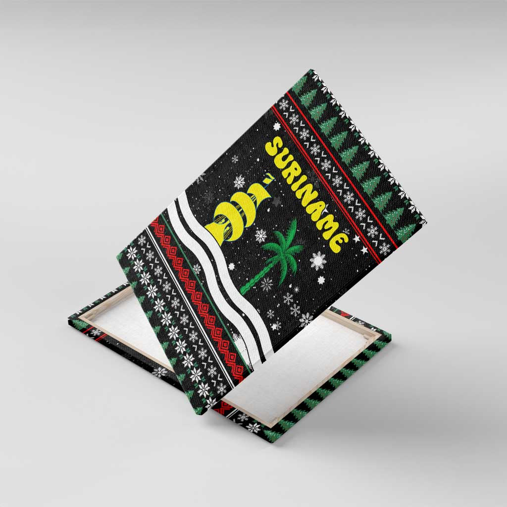 Suriname Christmas Canvas Wall Art with Black Festive Pattern, Golden Ship, Palm Tree, and Coat of Arms Motif - Wonder Print Shop