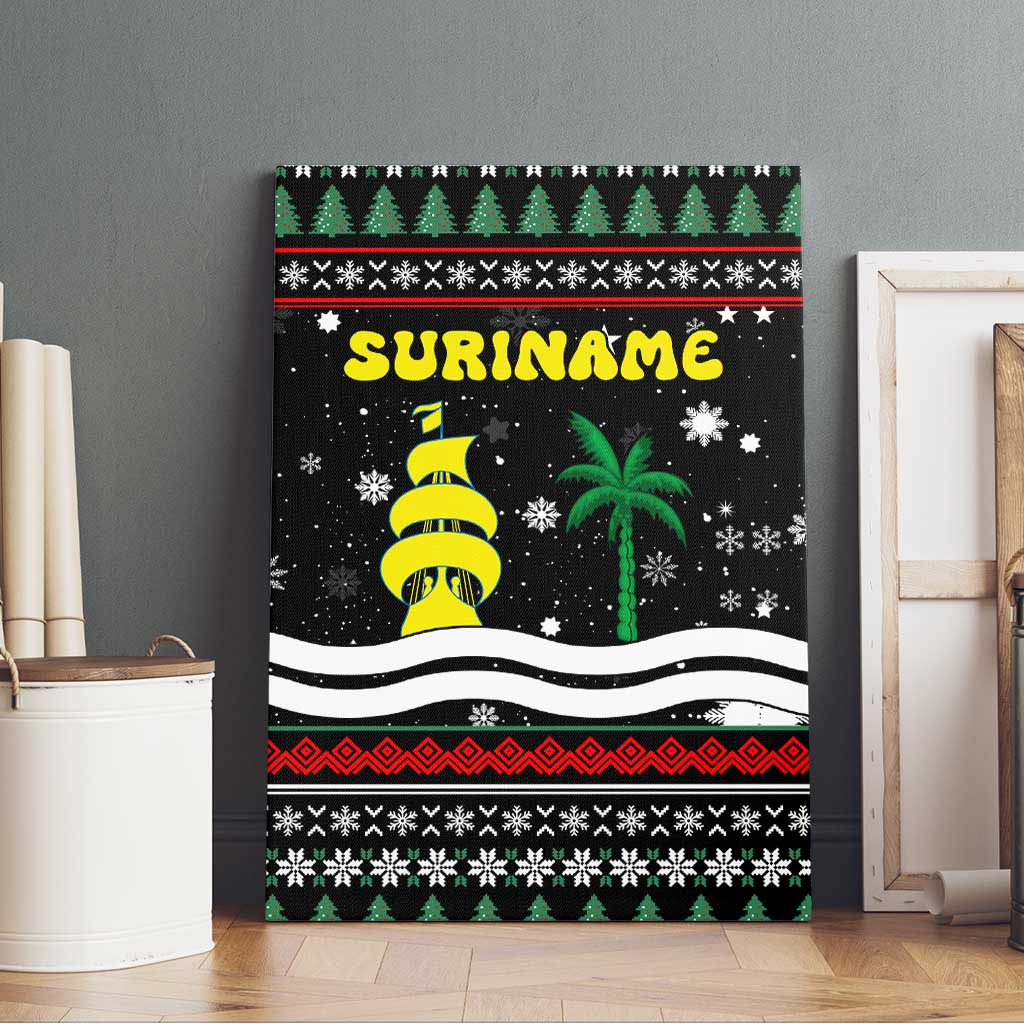 Suriname Christmas Canvas Wall Art with Black Festive Pattern, Golden Ship, Palm Tree, and Coat of Arms Motif - Wonder Print Shop