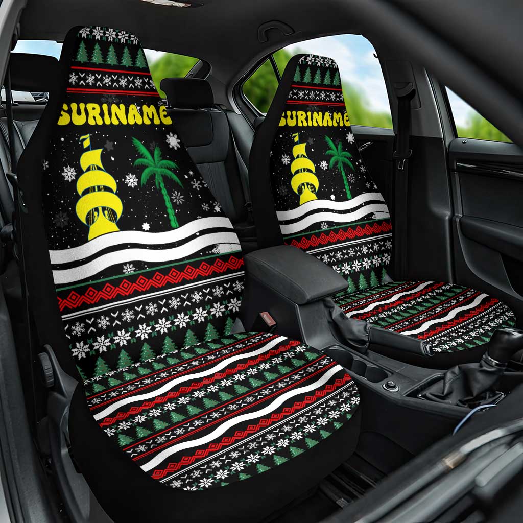 Suriname Christmas Car Seat Cover with Black Festive Pattern, Golden Ship, Palm Tree, and Coat of Arms Motif - Wonder Print Shop