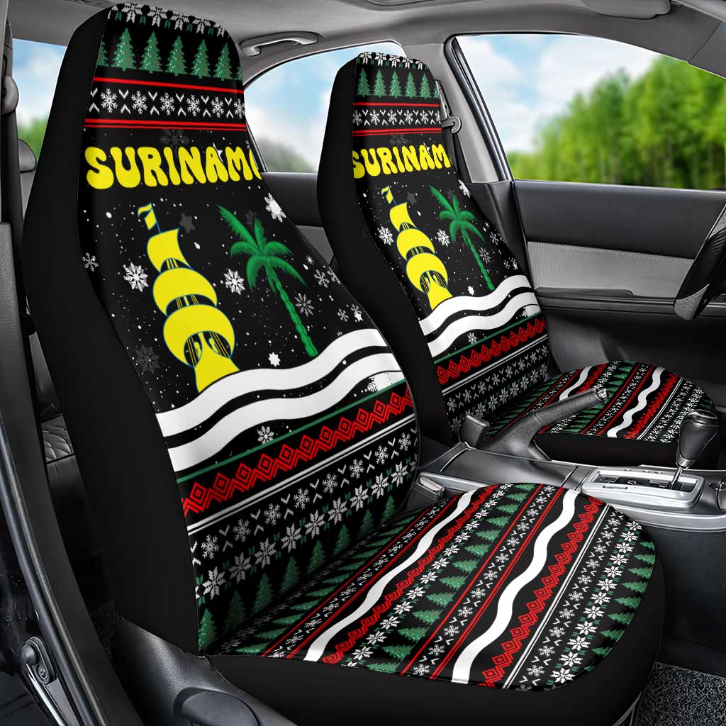 Suriname Christmas Car Seat Cover with Black Festive Pattern, Golden Ship, Palm Tree, and Coat of Arms Motif - Wonder Print Shop