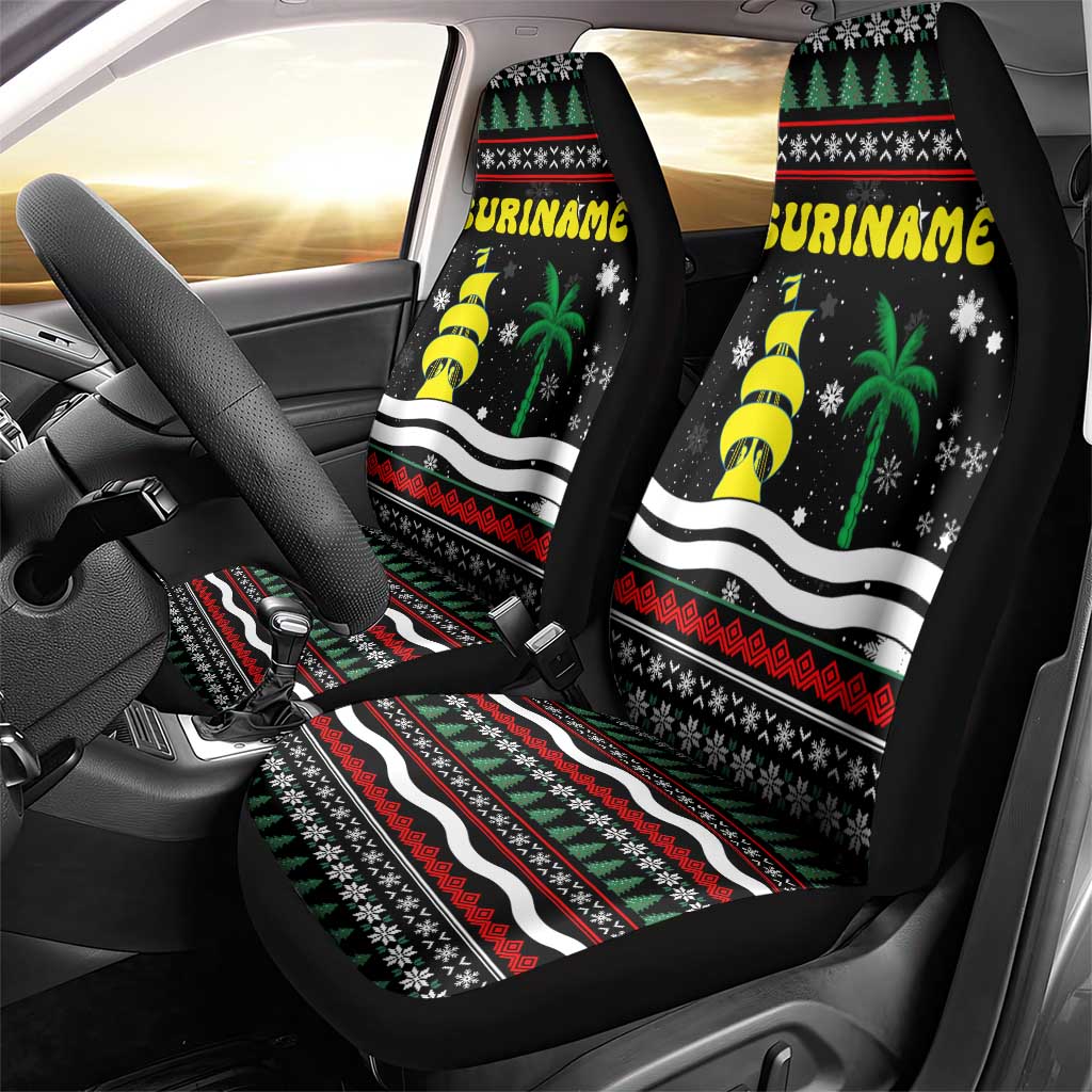 Suriname Christmas Car Seat Cover with Black Festive Pattern, Golden Ship, Palm Tree, and Coat of Arms Motif - Wonder Print Shop