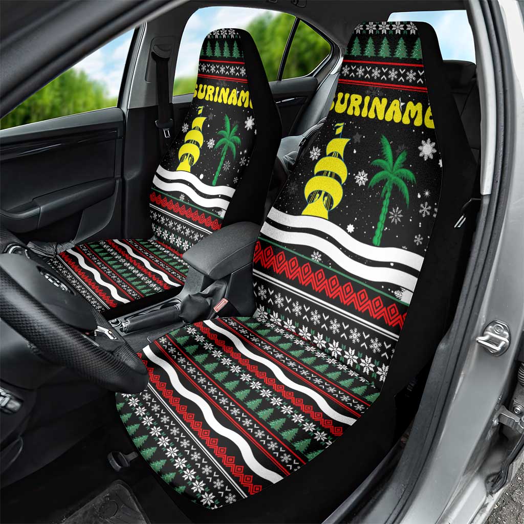 Suriname Christmas Car Seat Cover with Black Festive Pattern, Golden Ship, Palm Tree, and Coat of Arms Motif - Wonder Print Shop